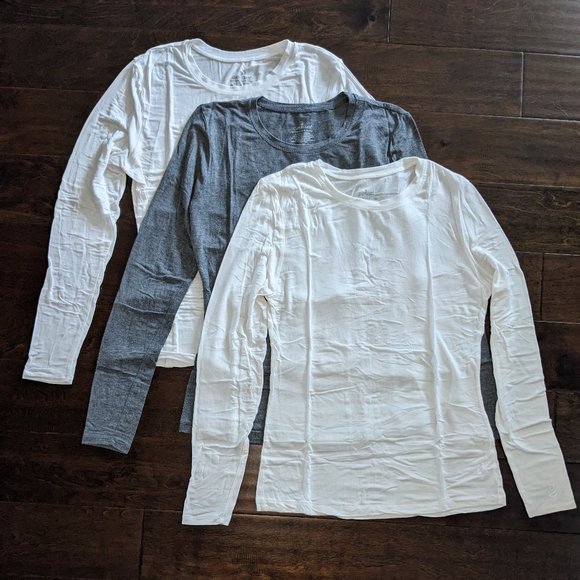 Cuddl Duds Tops - Set of 3 Cuddl Duds Softwear with Stretch Long Sleeve Crew Tops 1 Grey & 2 Ivory